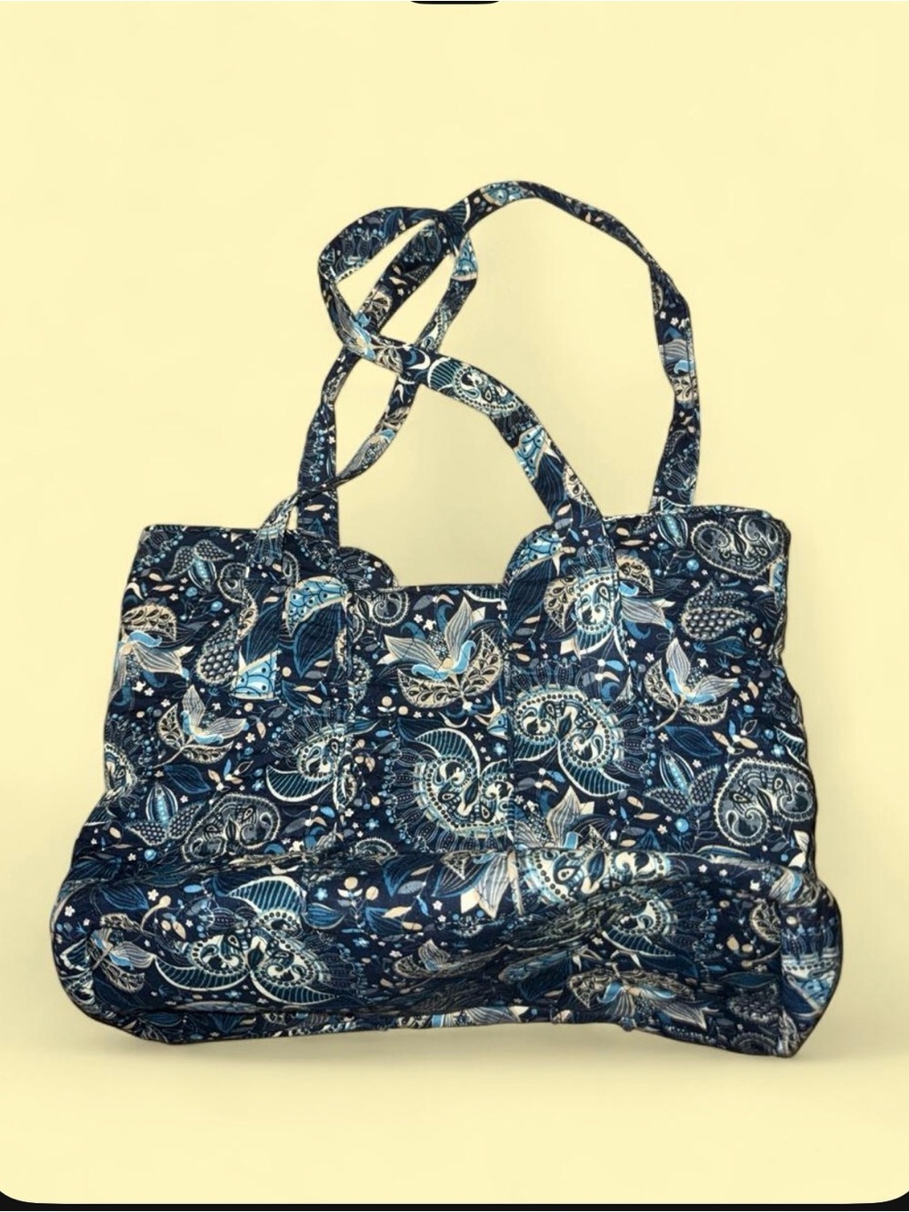 Blue Floral Quilted Tote Bag with Double Handles